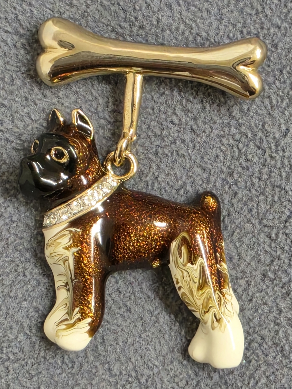 Schnauzer Dog Brooch Bone Dangle Gold Tone Brown Enamel Rhinestone Pin New